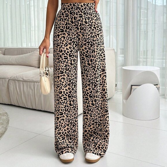 Brown Casual Women's Leopart Print Wide Leg Pants - Picture 1 of 6